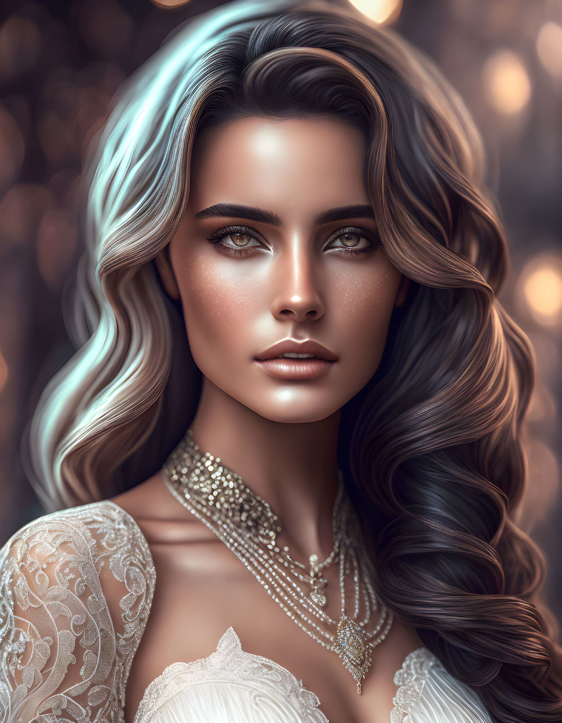 Woman with Silver to Brown Ombré Hair and Lace Dress Illustration