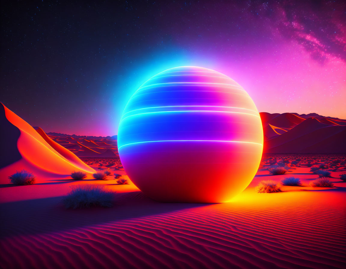 Multicolored glowing sphere in desert night sky