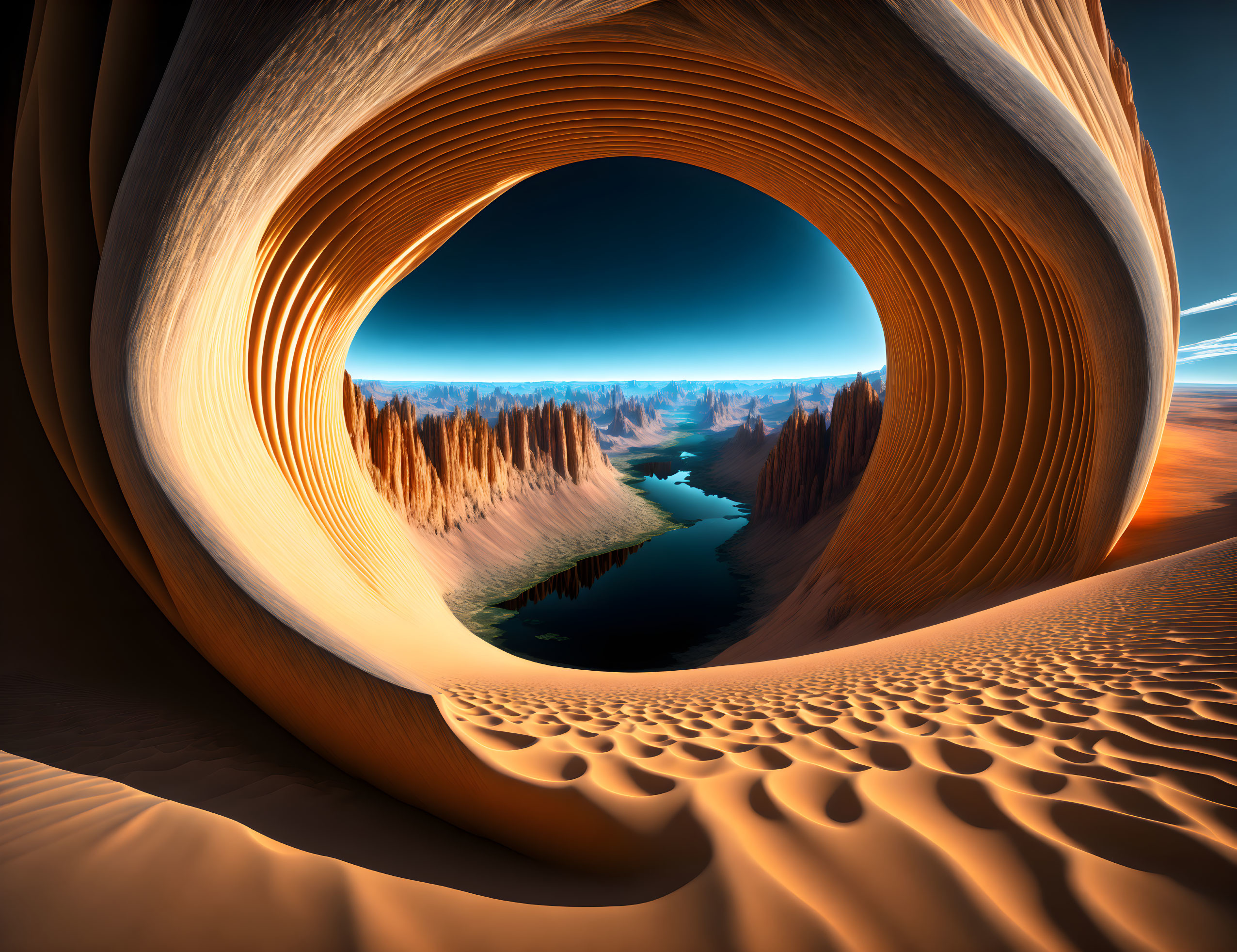 Surreal landscape with swirling sand formation, oasis, and rocky peaks