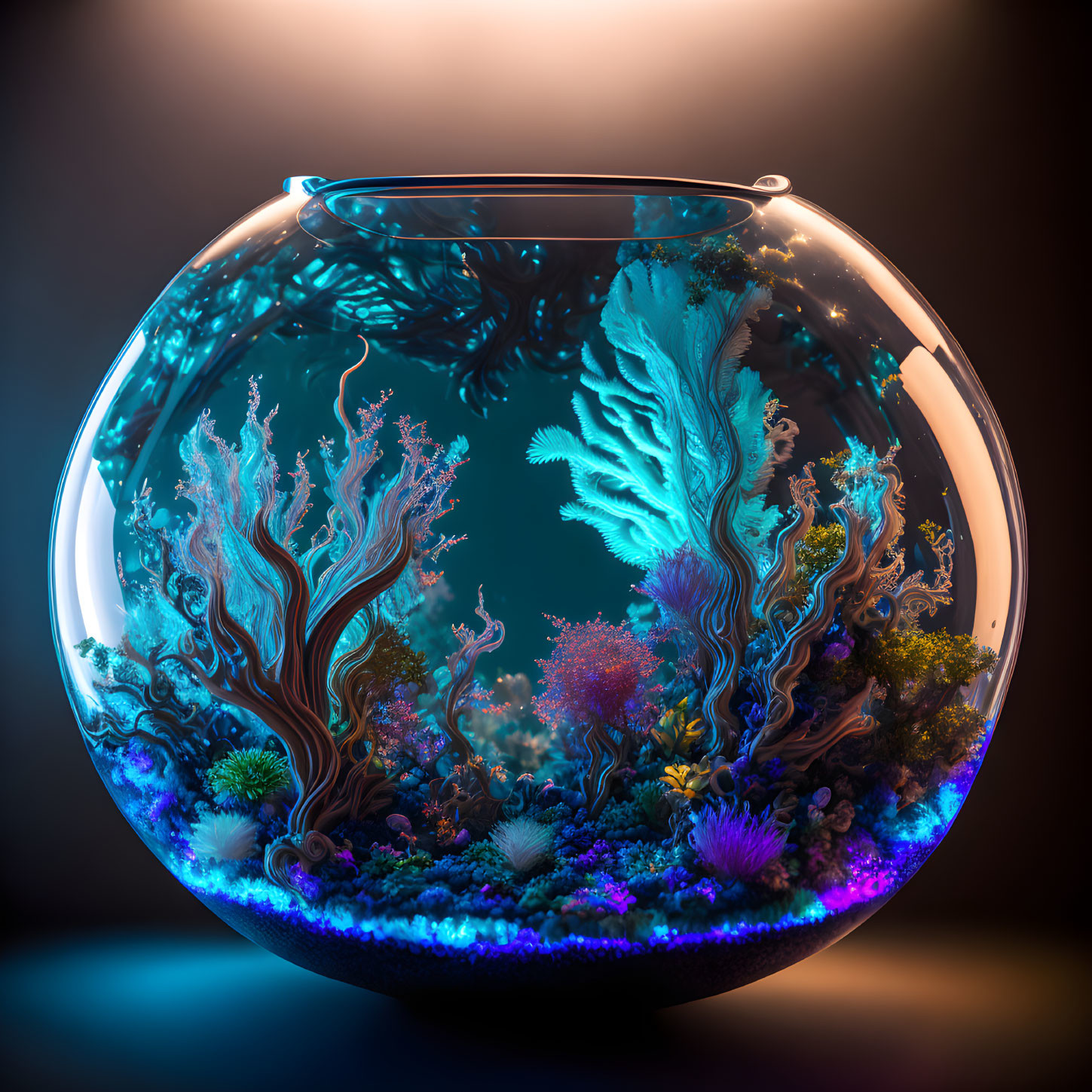 Colorful Round Aquarium with Luminescent Corals and Marine Plants