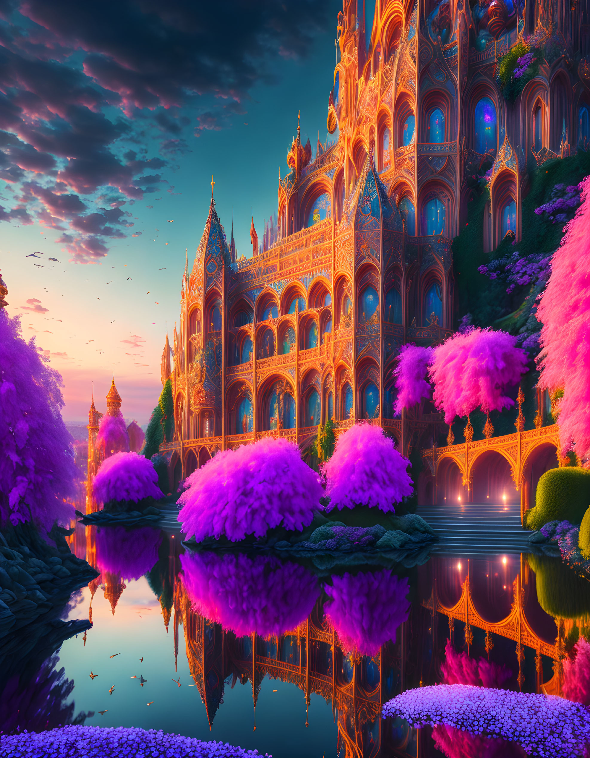 Fantasy castle with ornate architecture in pink foliage and purple sky reflected in water