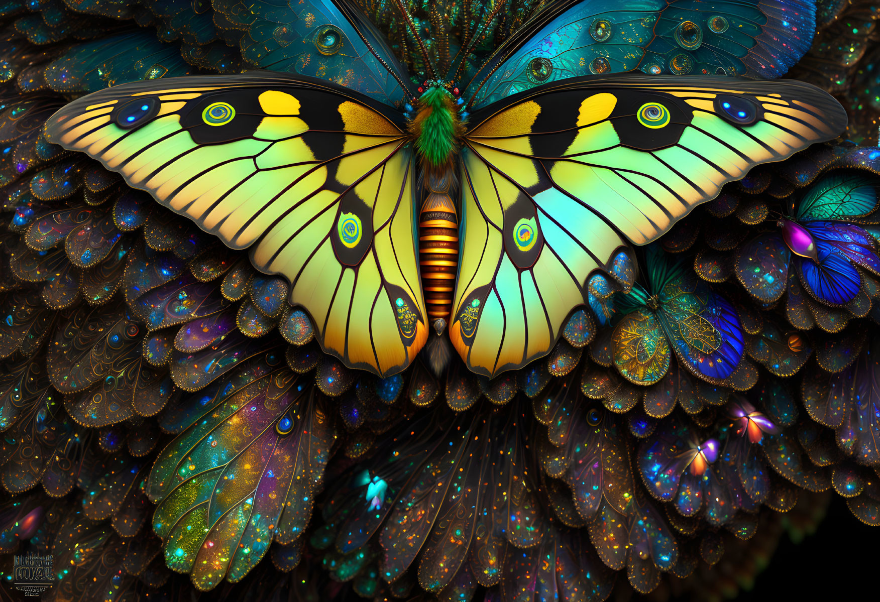 Colorful Butterfly with Intricate Patterns on Dark Background