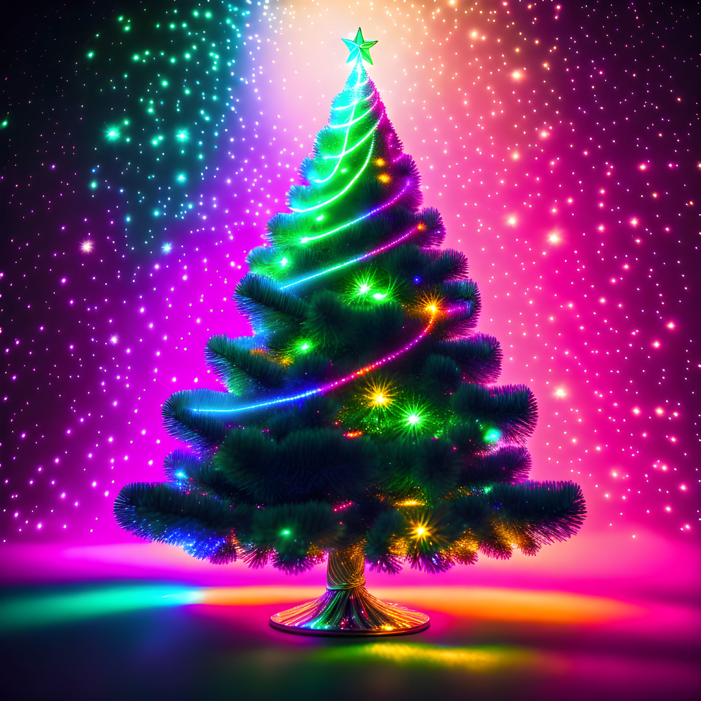 Colorful Christmas tree on pink and green gradient background