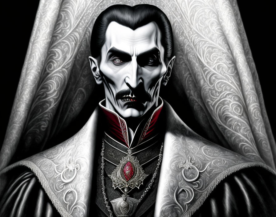 Stylized Dracula illustration: pale skin, sharp features, ornate outfit, high collar,