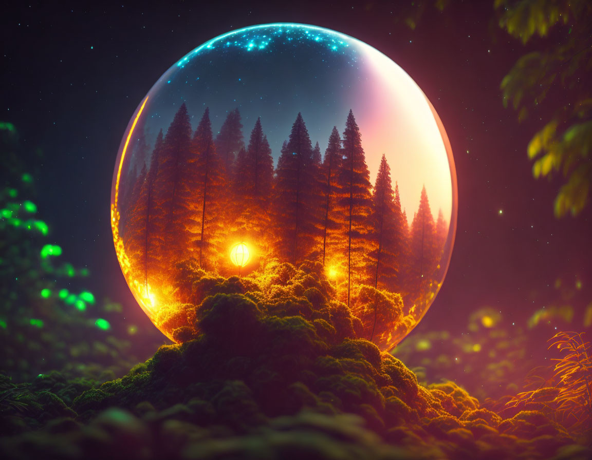 Luminescent sphere over twilight forest with glowing foliage under starry sky