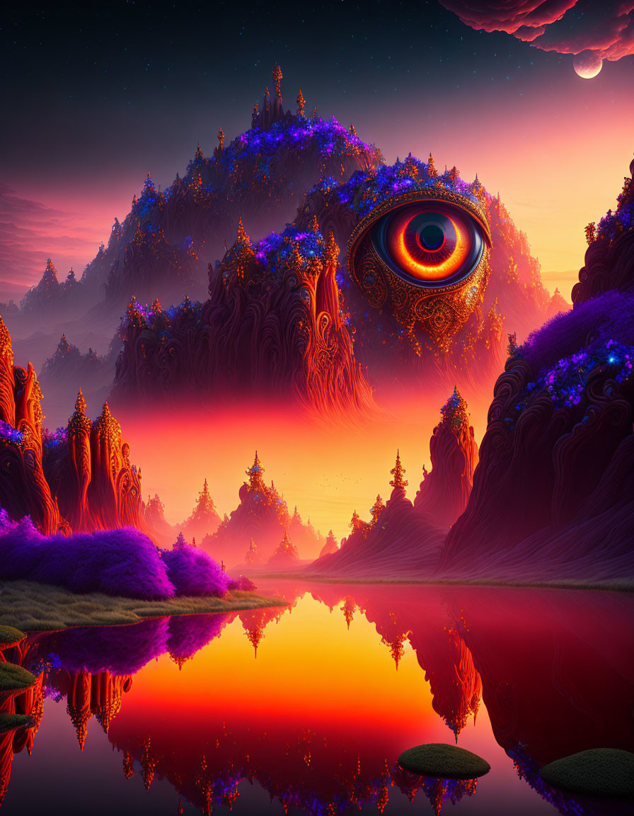 Surreal landscape with giant eye on fantastical mountain