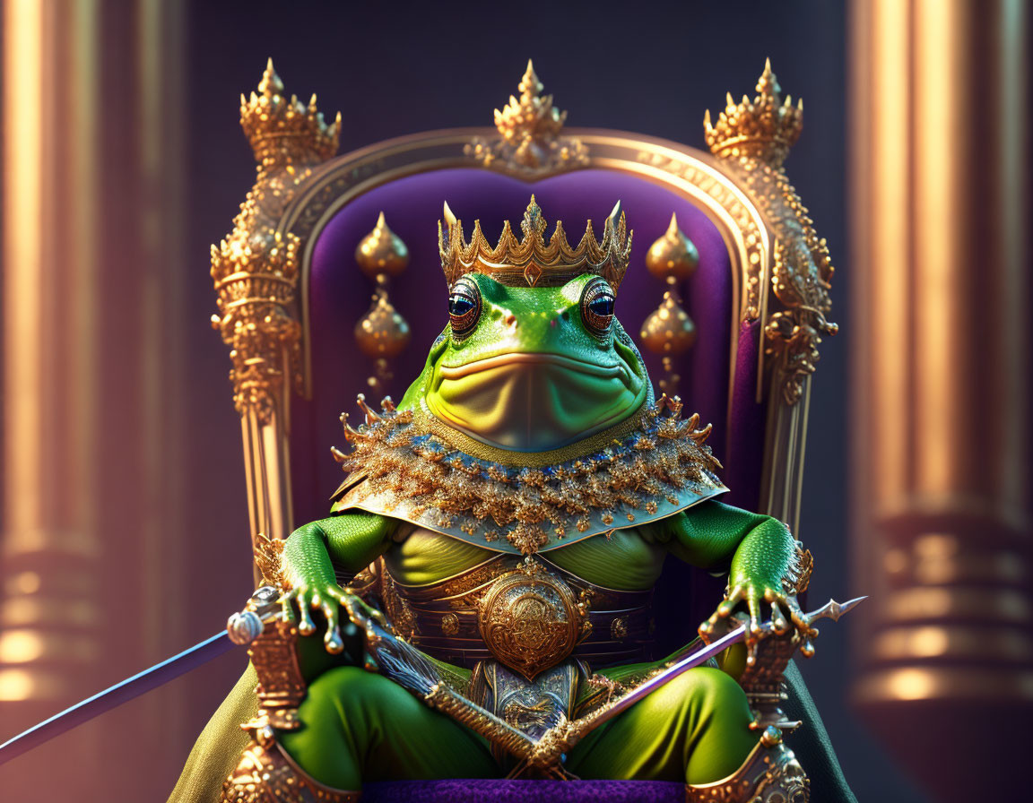 Regal frog in royal attire on throne with crown and scepter