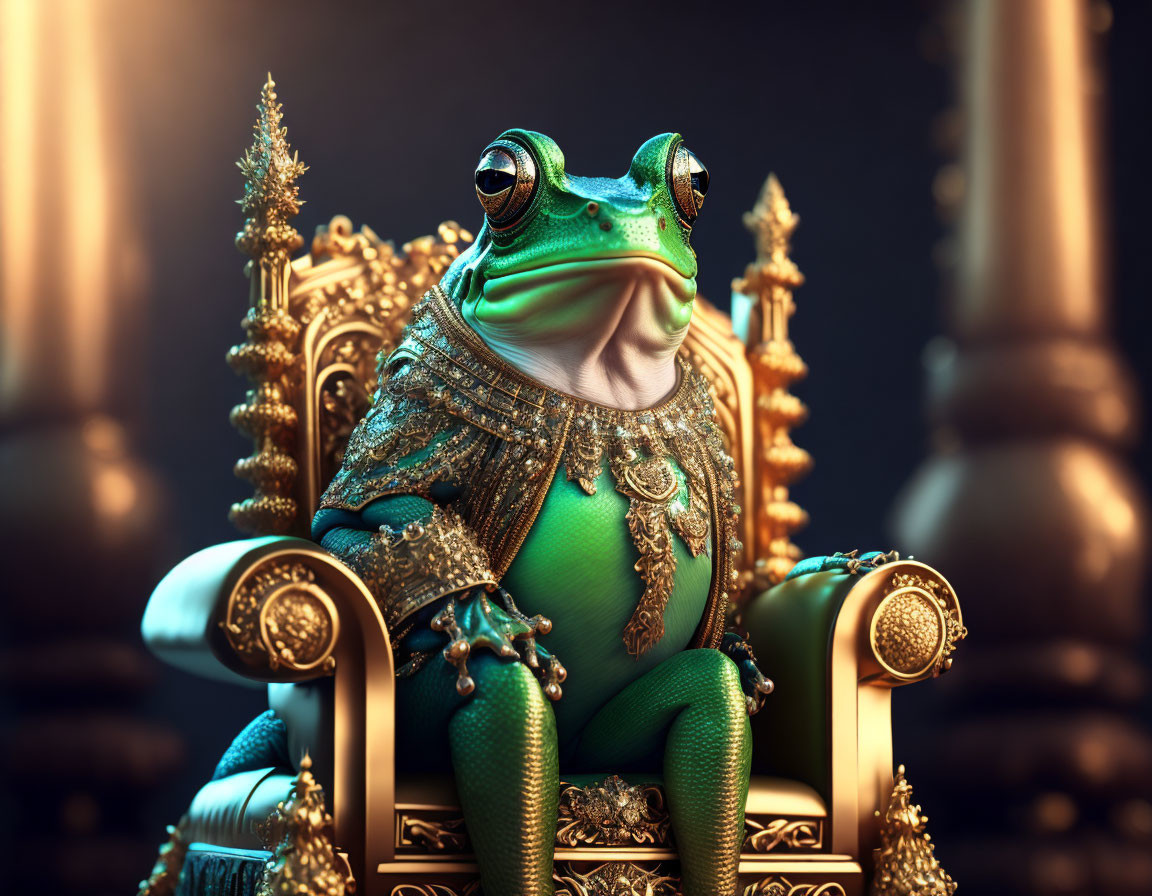 Regal frog in ornate robes on embellished throne