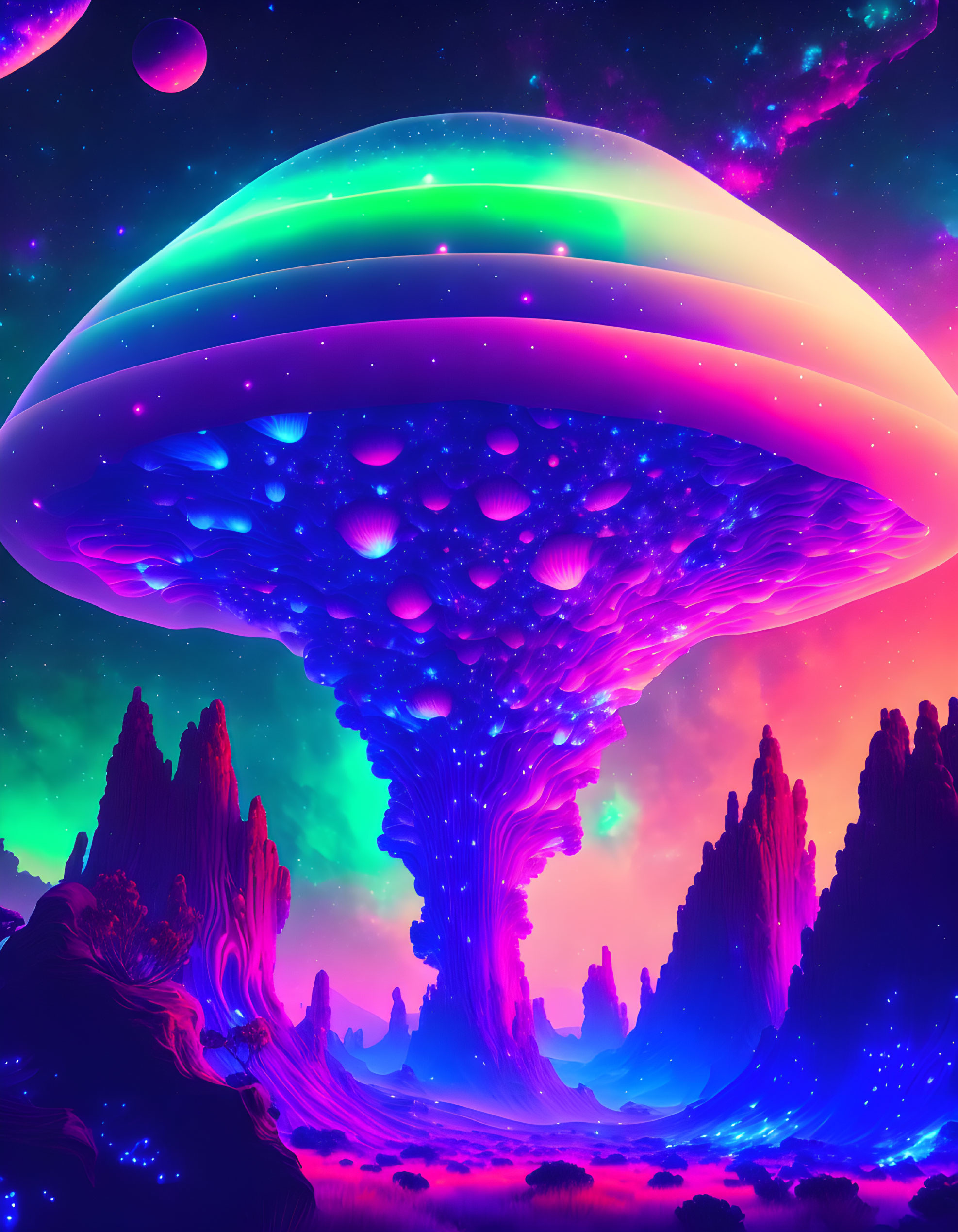 Colorful Mushroom-Shaped Structure in Neon Alien Landscape