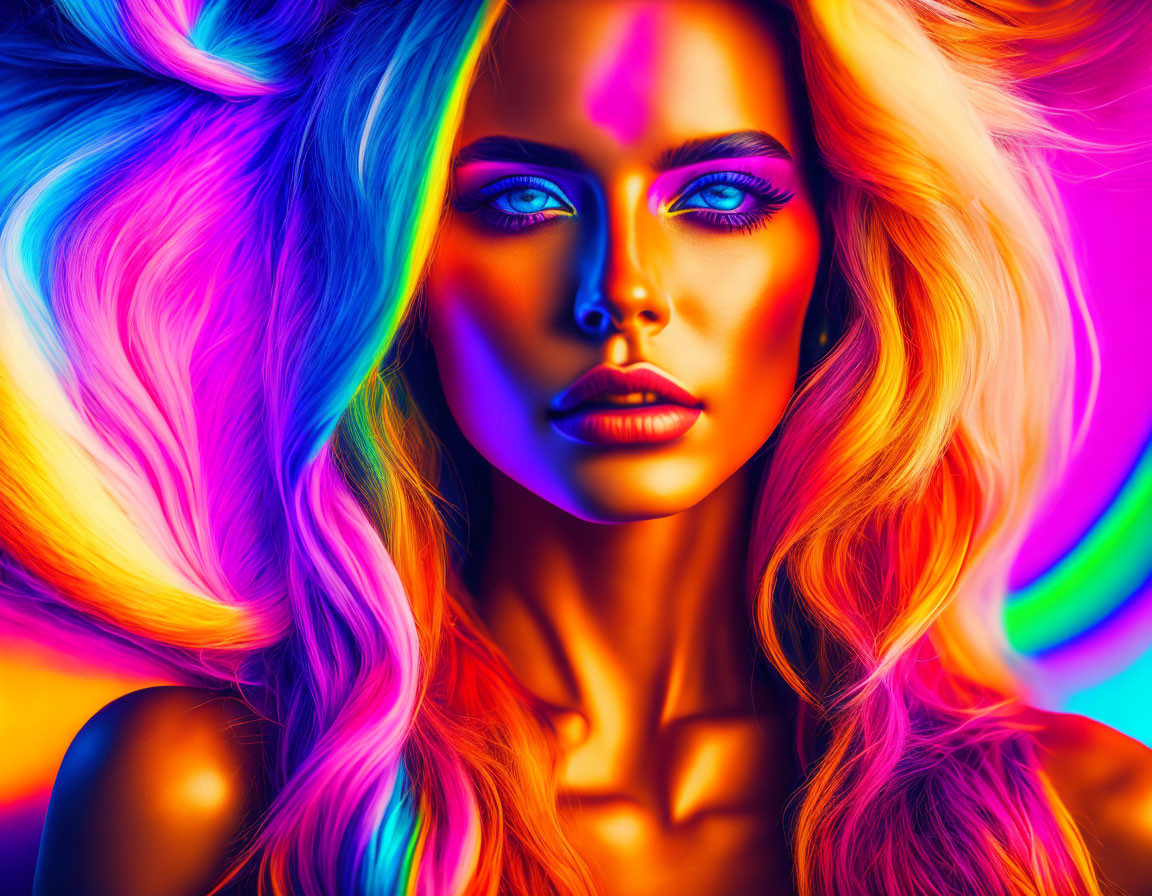 Colorful digital art portrait of a woman with flowing neon hair and blue eyes on a psychedelic background