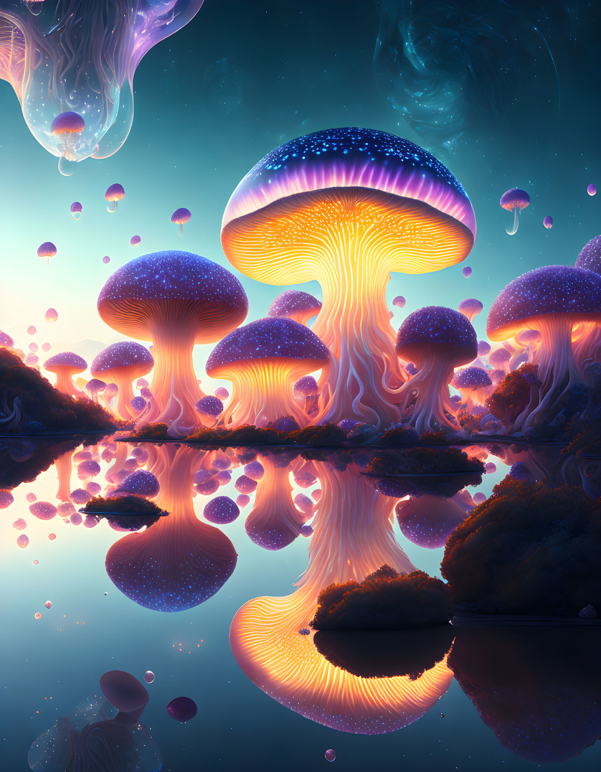 Fantasy Landscape with Bioluminescent Mushrooms and Reflective Water