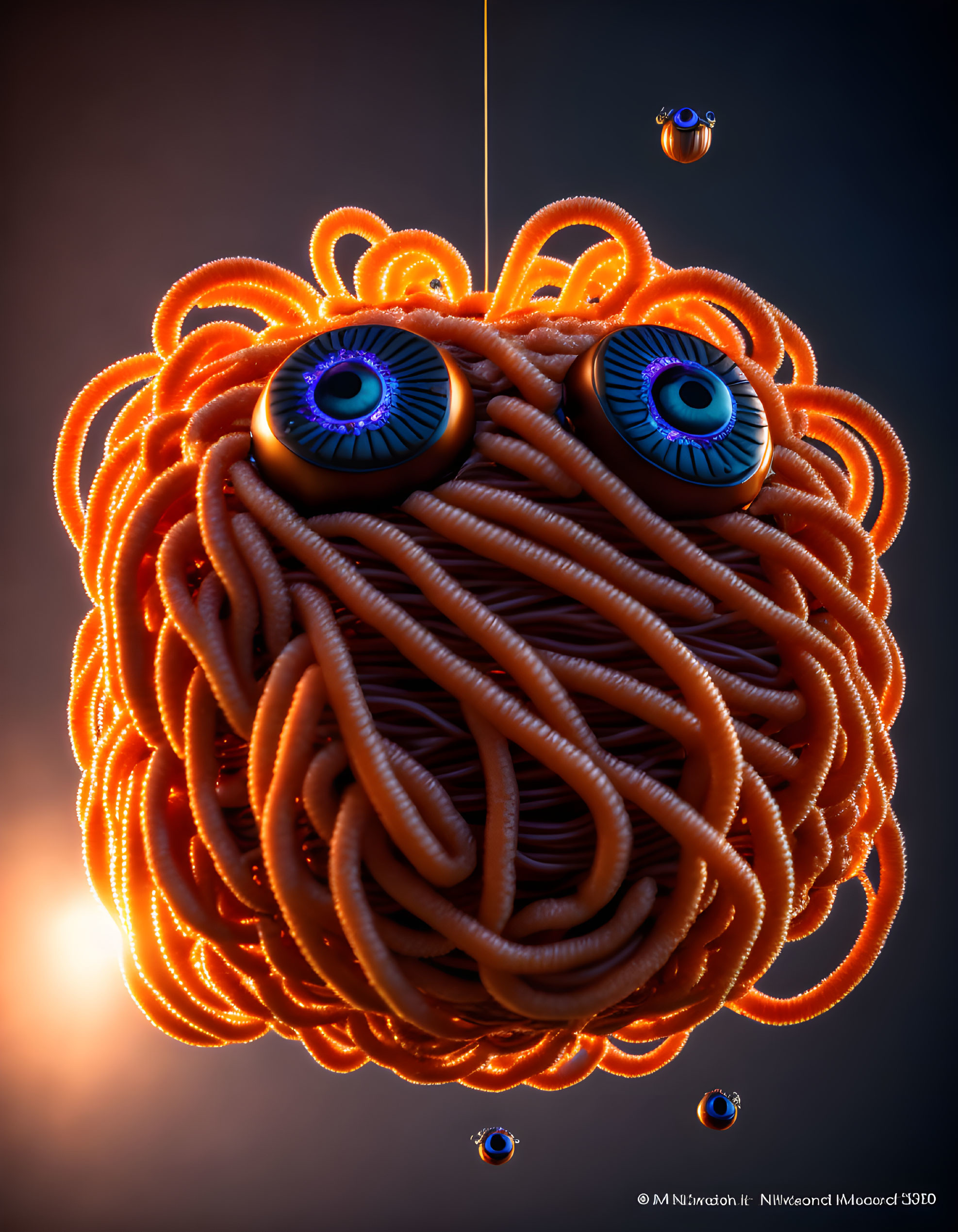 3D-rendered spherical creature with orange tentacles and blue eyes