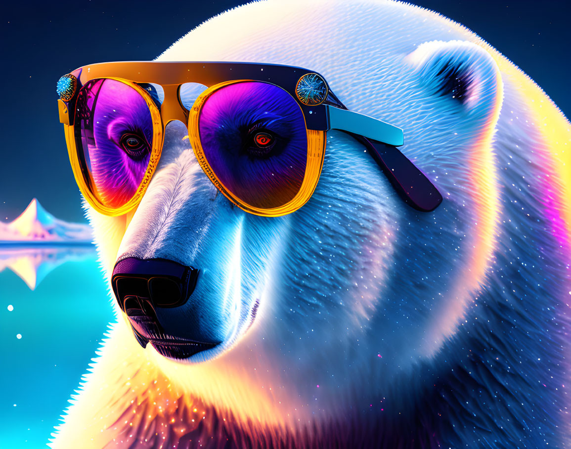 Colorful Neon-Lit Digital Art: Polar Bear in Yellow Sunglasses on Cosmic Background