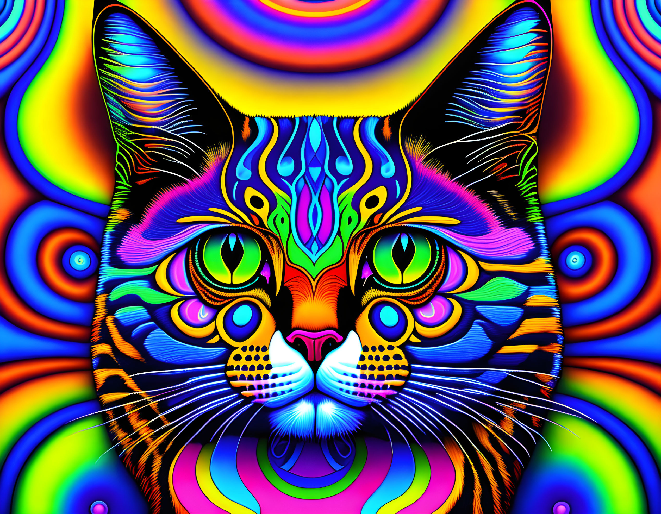 Colorful Psychedelic Cat Illustration with Intricate Patterns