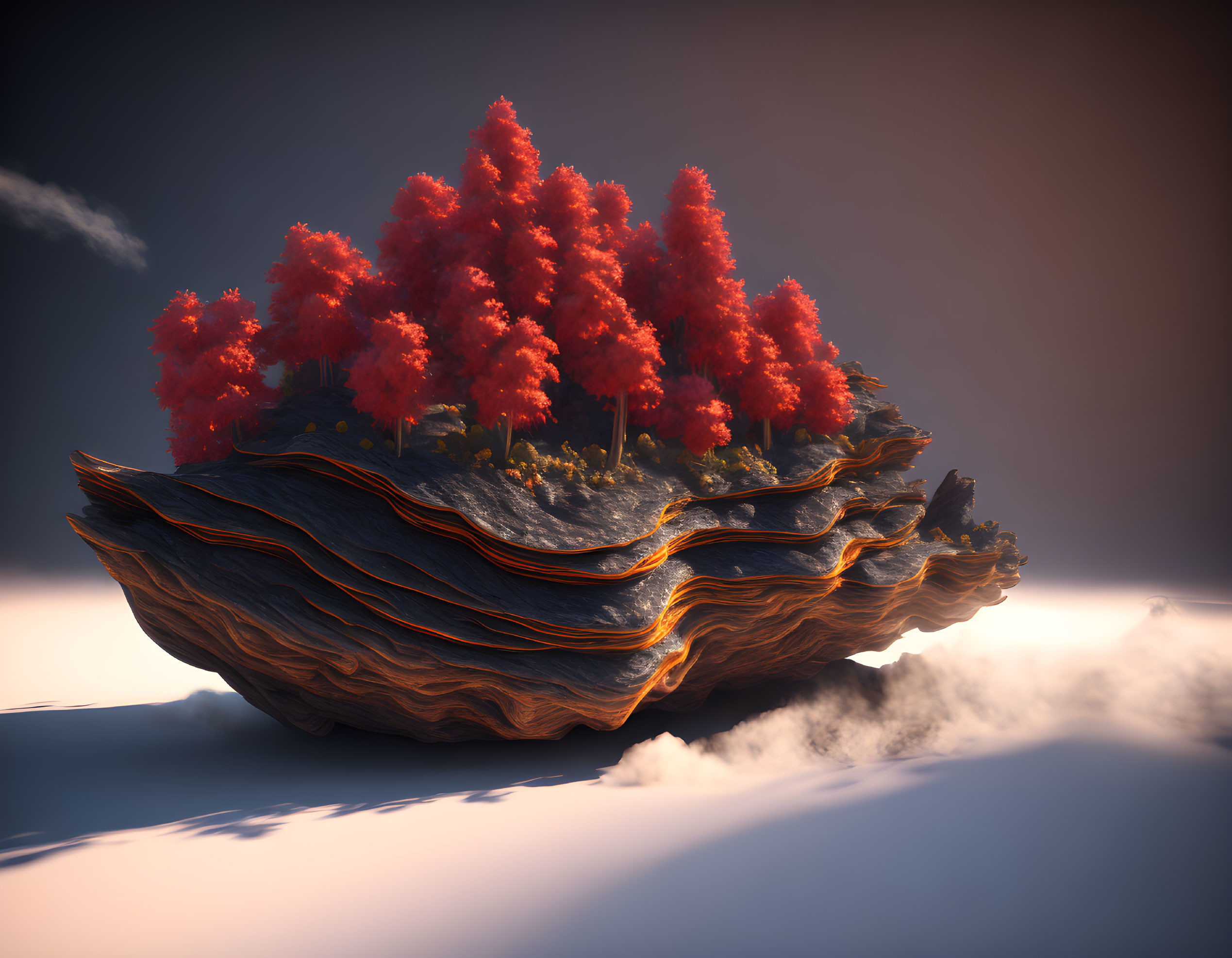 Floating Landmass with Layered Rock Formations and Red Trees at Sunrise/Sunset