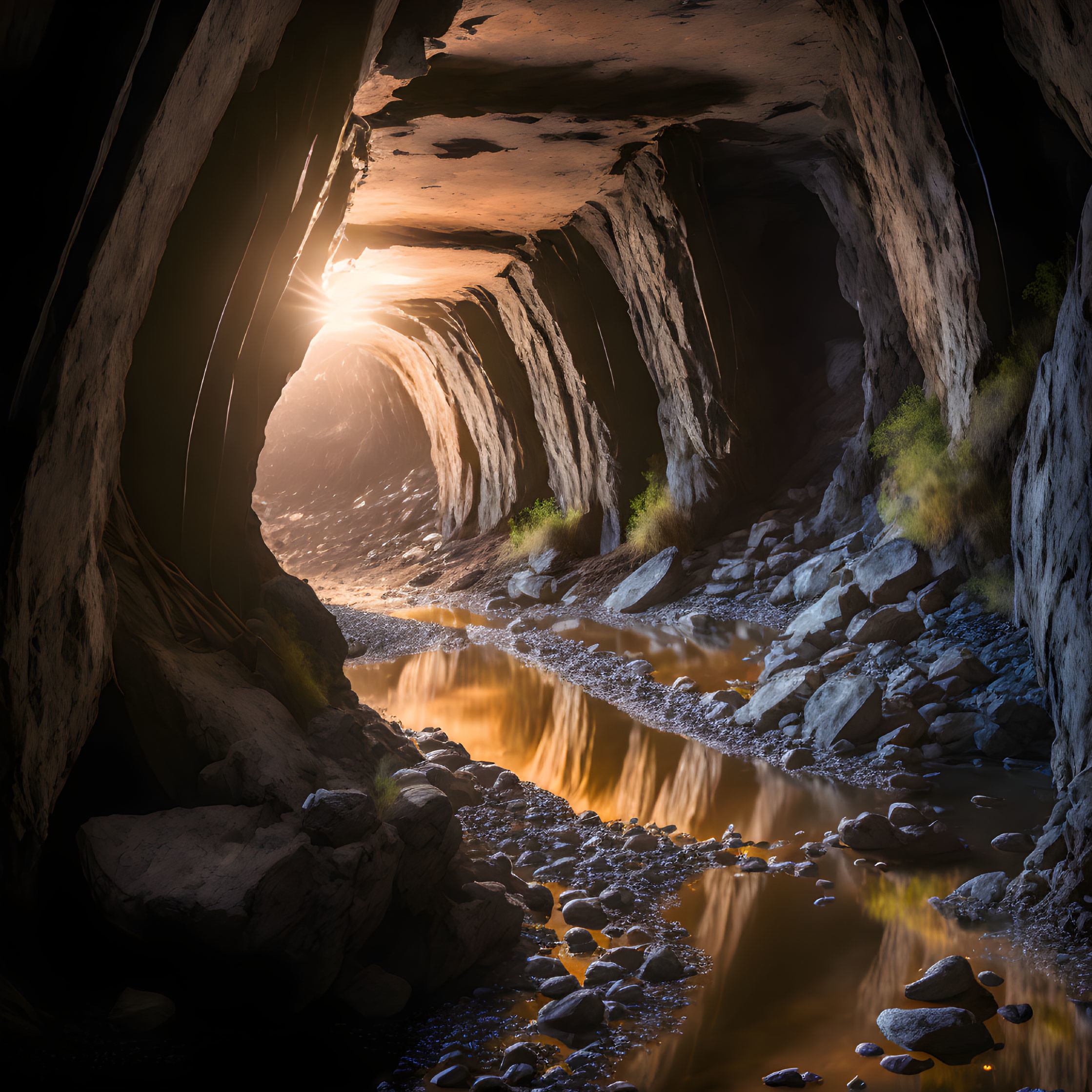 Sunlit Cave Interior with Water Stream and Rocks