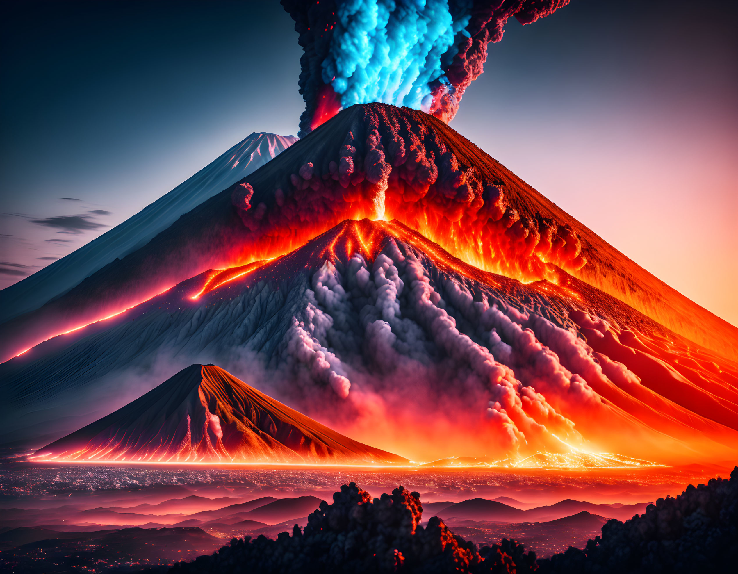 Vibrant volcanic eruption with lava flows and ash plume