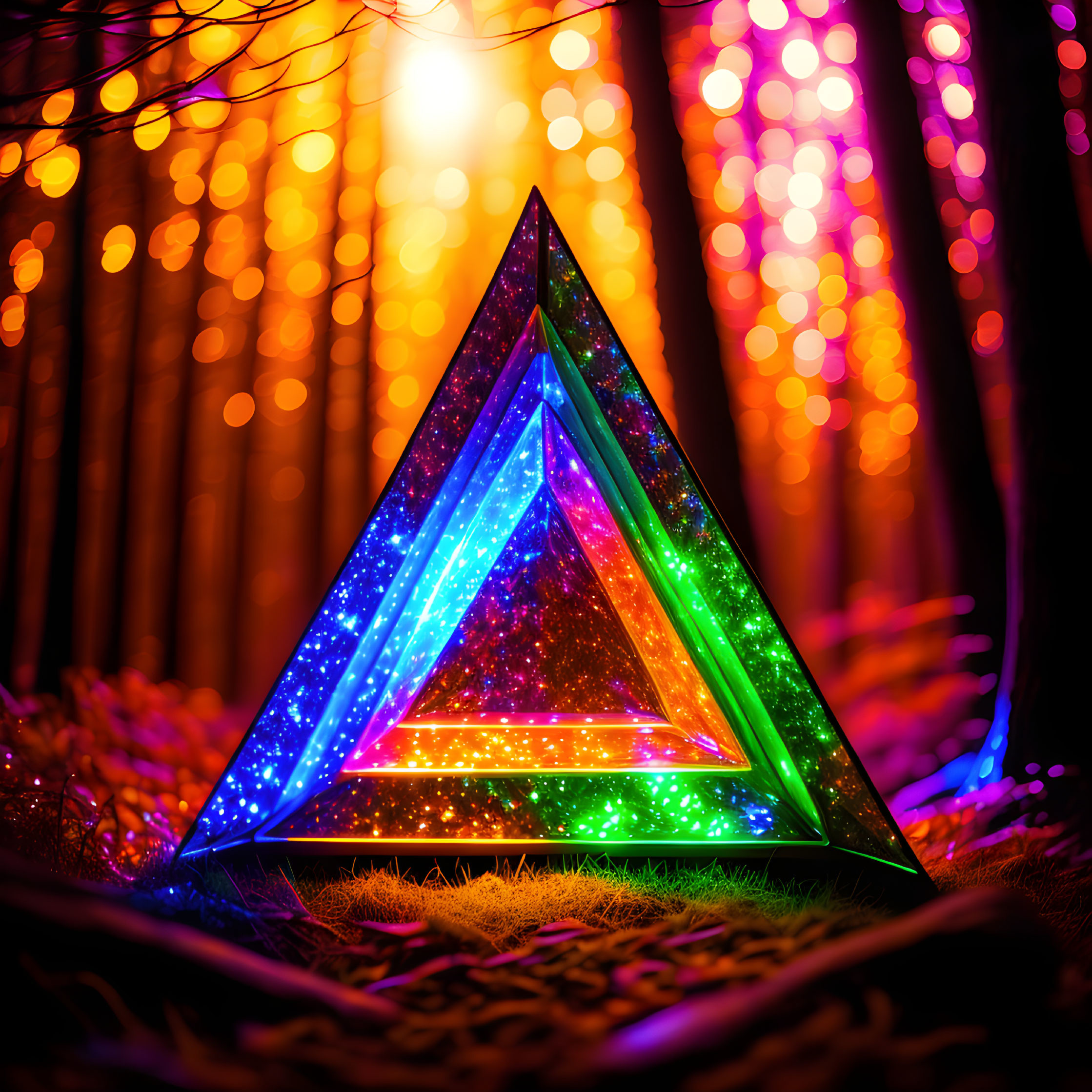 Colorful Triangular Prism with Sparkling Lights on Grass with Warm Bokeh