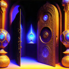 Vibrant fantasy scene with ornate golden doors and glowing blue crystals