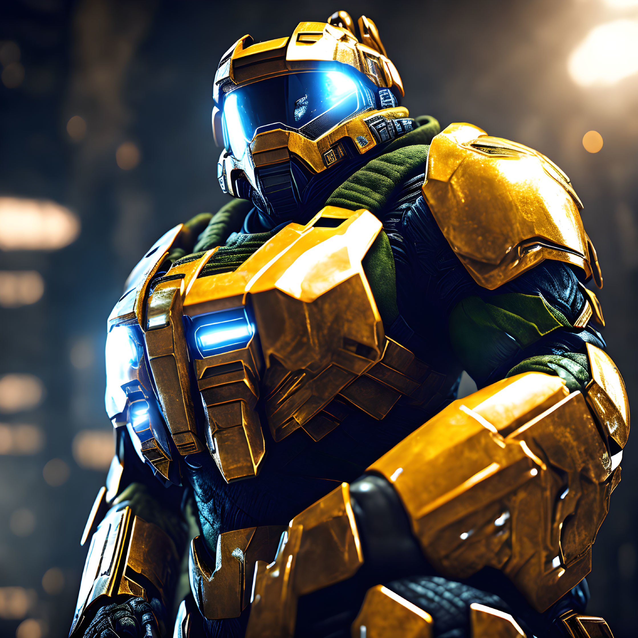 Futuristic character in yellow and green armor with glowing blue visor on dark background