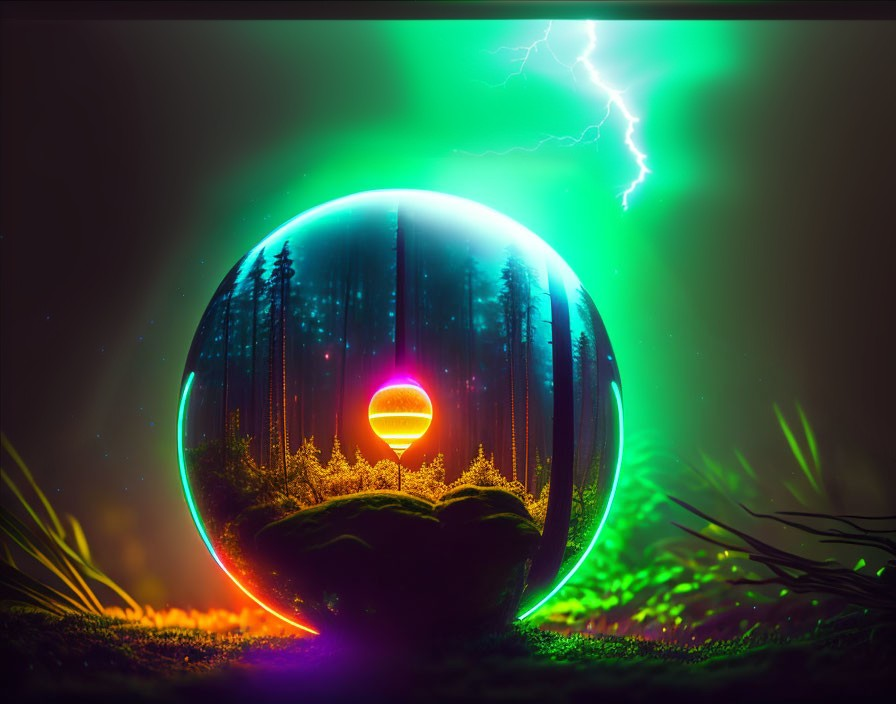 Surreal digital artwork: spherical forest with glowing sun, green aurora, lightning bolt