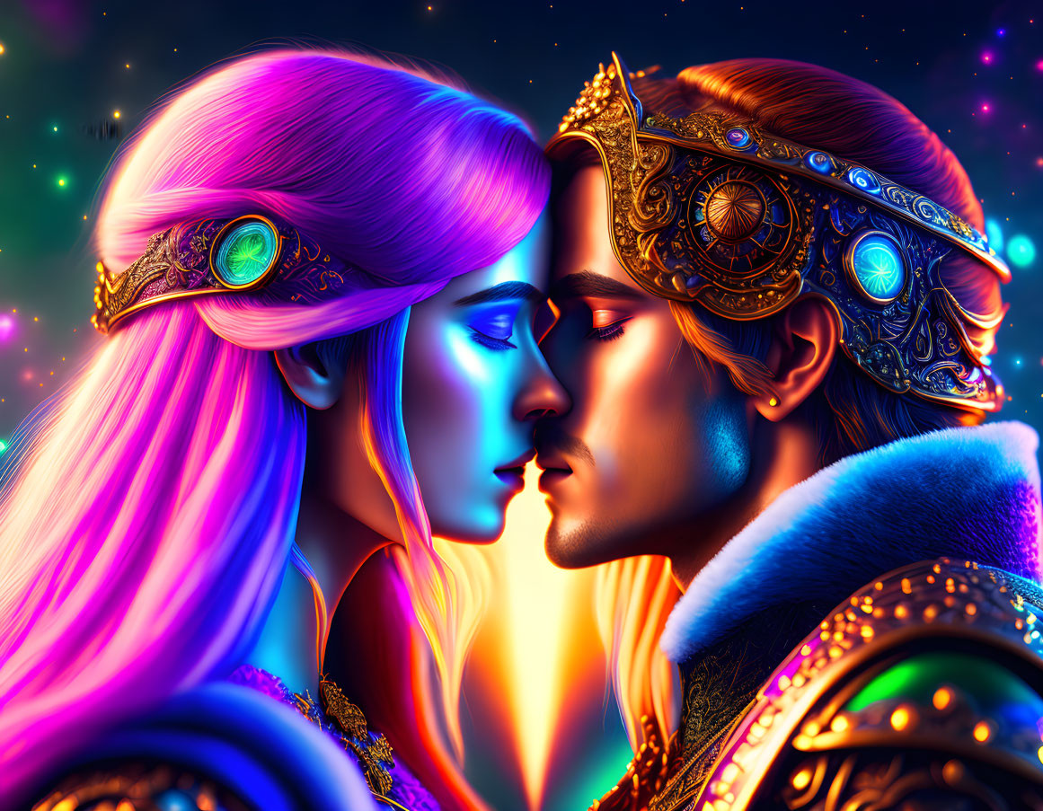 Stylized characters with ornate crowns in intimate pose under starry night