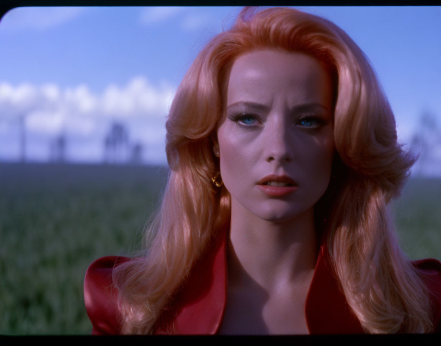 Fiery red-haired woman in red outfit against blue sky and green fields