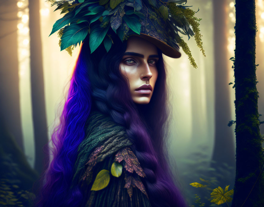 Purple-haired woman in forest with green leaf hat