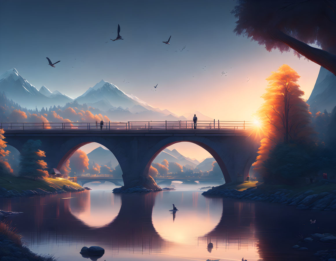 Tranquil sunset landscape with person on bridge, mountains, birds, and river