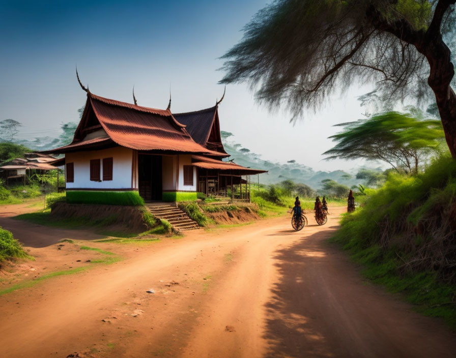 Traditional Asian-style house with sweeping roofs in rural setting.