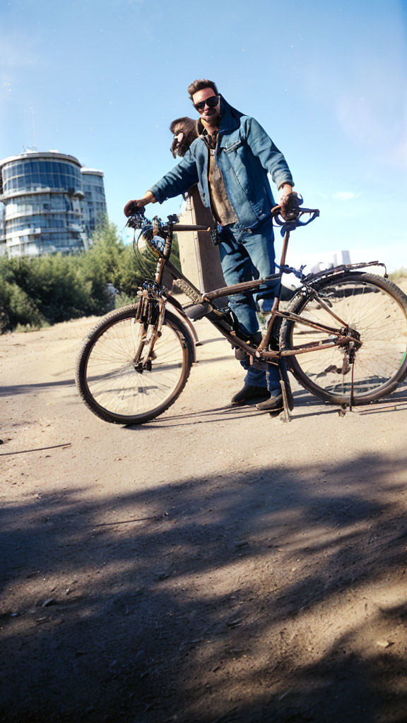 Person in sunglasses and denim jacket with bicycle on dirt path near modern building and clear sky.