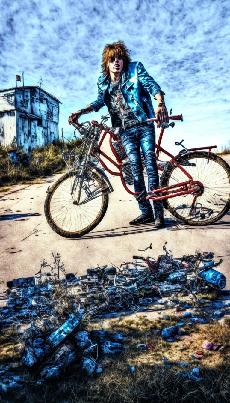 Person in denim jacket with red bicycle on path among discarded bikes and small building.