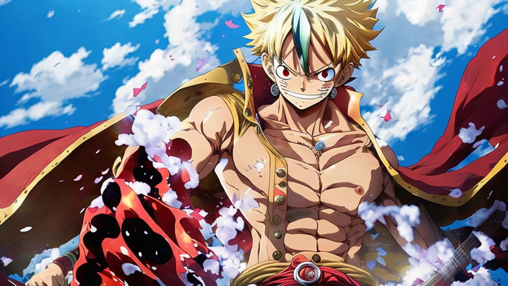 Anime character with blonde spiky hair and scar, red cape, necklace, against blue sky with