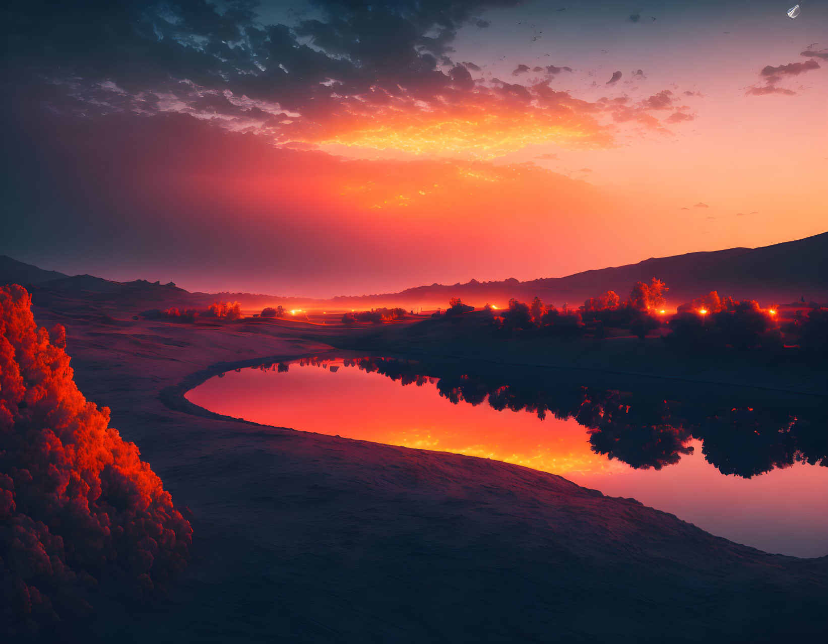 Scenic sunset with orange clouds over river and village at dusk