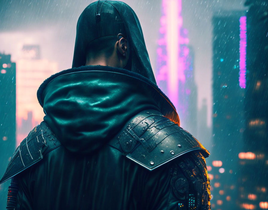 Futuristic armor-clad figure in neon-lit cyberpunk cityscape under rainy sky