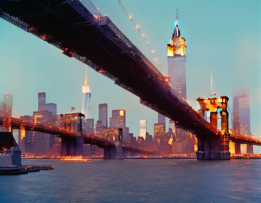 City skyline at twilight with illuminated skyscrapers and bridge over river