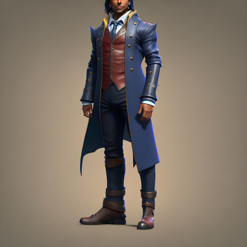 Stylized male character in regal blue coat with golden trim and ascot tie