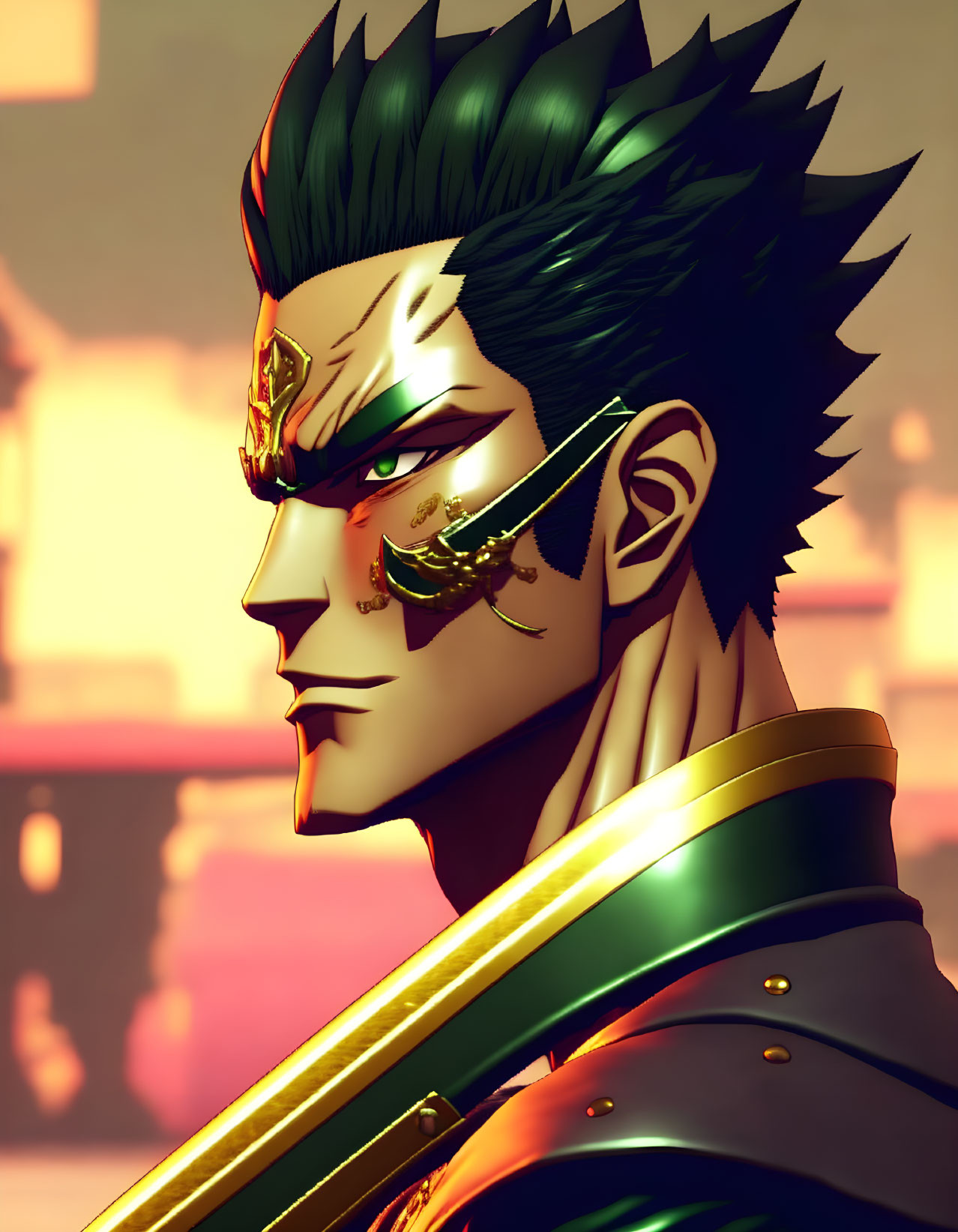 Stylized animated character with green spikey hair and golden mask in close-up shot