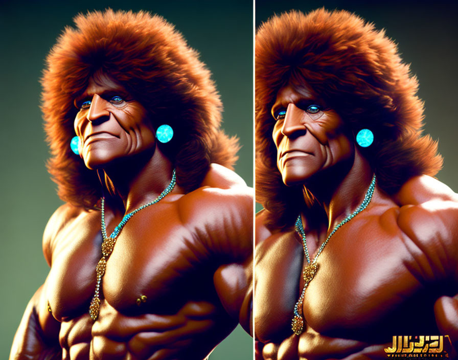 Muscular figure with exaggerated features in fur hat, earrings, and necklace