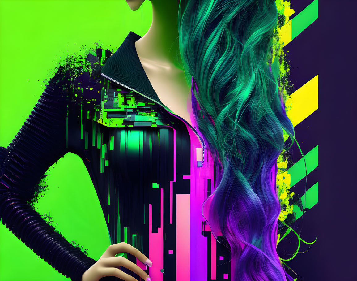 Digital abstract art: woman with teal wavy hair, pixelated black jacket, vibrant green and purple
