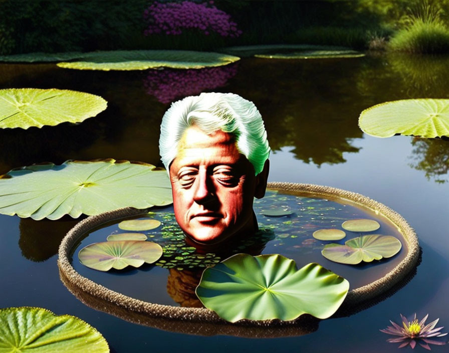 Surrealist image: person's face on lily pad in tranquil pond
