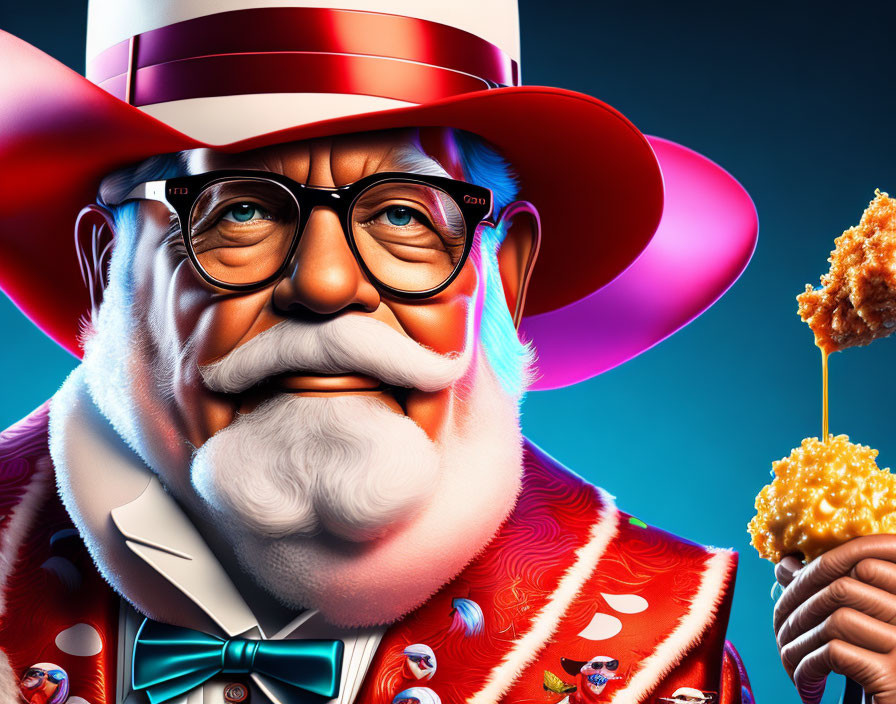 Illustration of man with white hair, red suit, glasses, and fried chicken