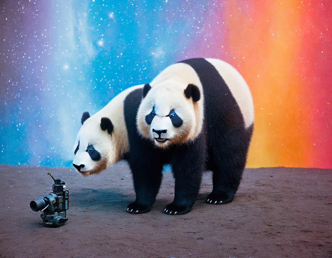 Two panda bears with vintage camera in galaxy backdrop