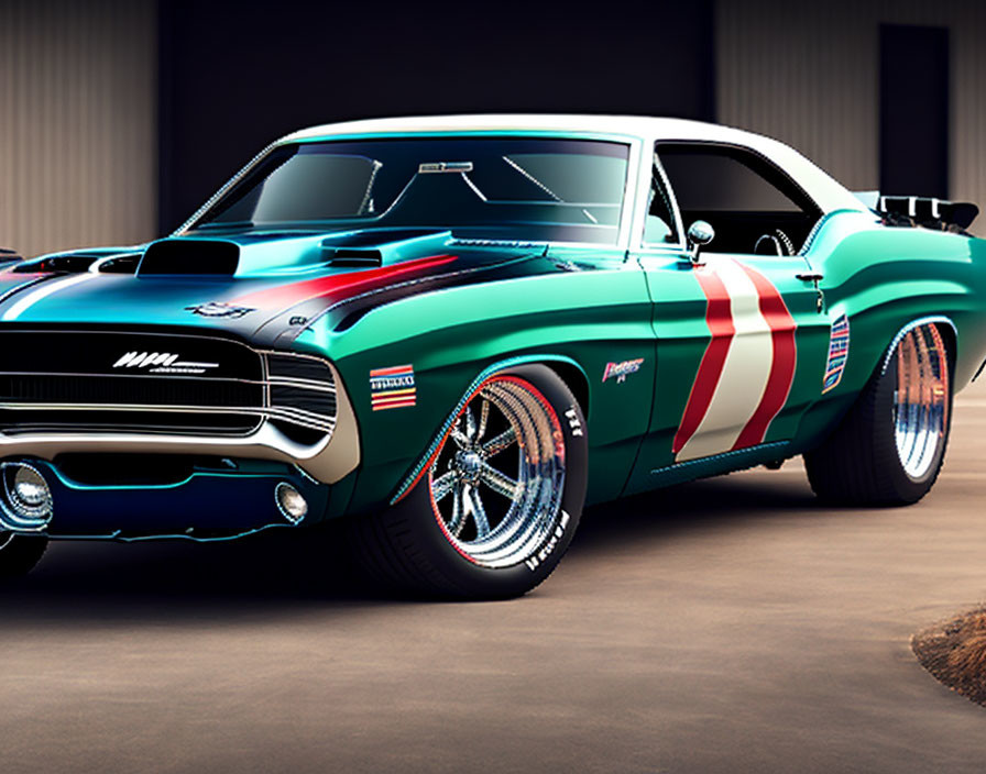 Vintage muscle car with teal paint, white and red stripes, chrome wheels