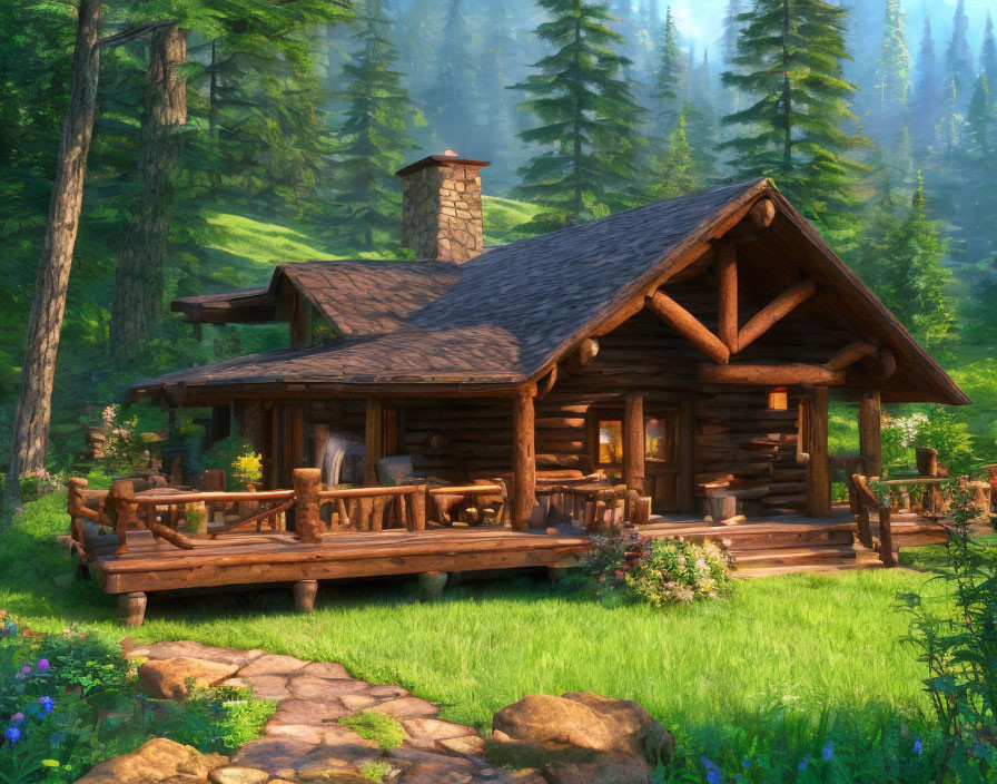 Rustic log cabin with porch in serene forest clearing