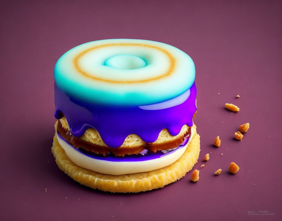 Stylized digital artwork of vibrant blue and purple glazed dessert