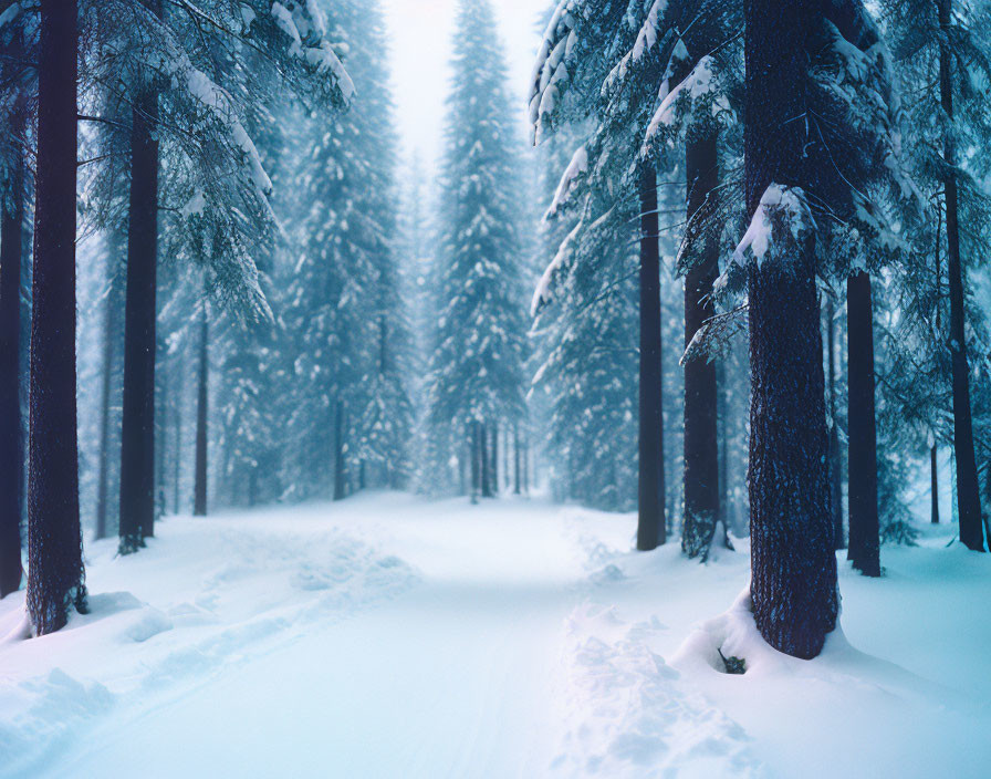 Snow-covered forest with tall pine trees in serene wintry scene