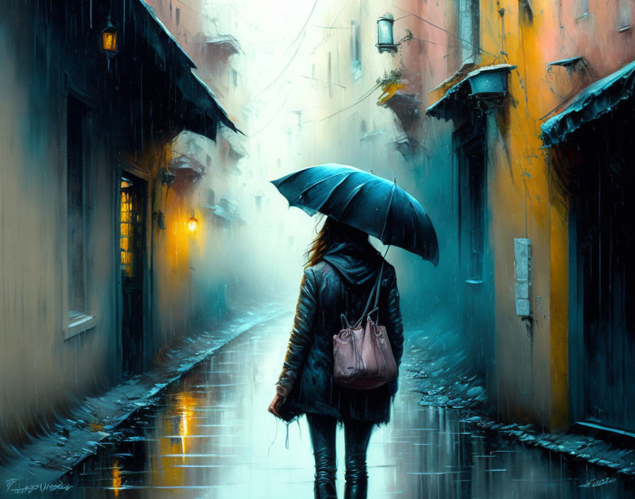 Person with umbrella in colorful, rain-soaked alleyway