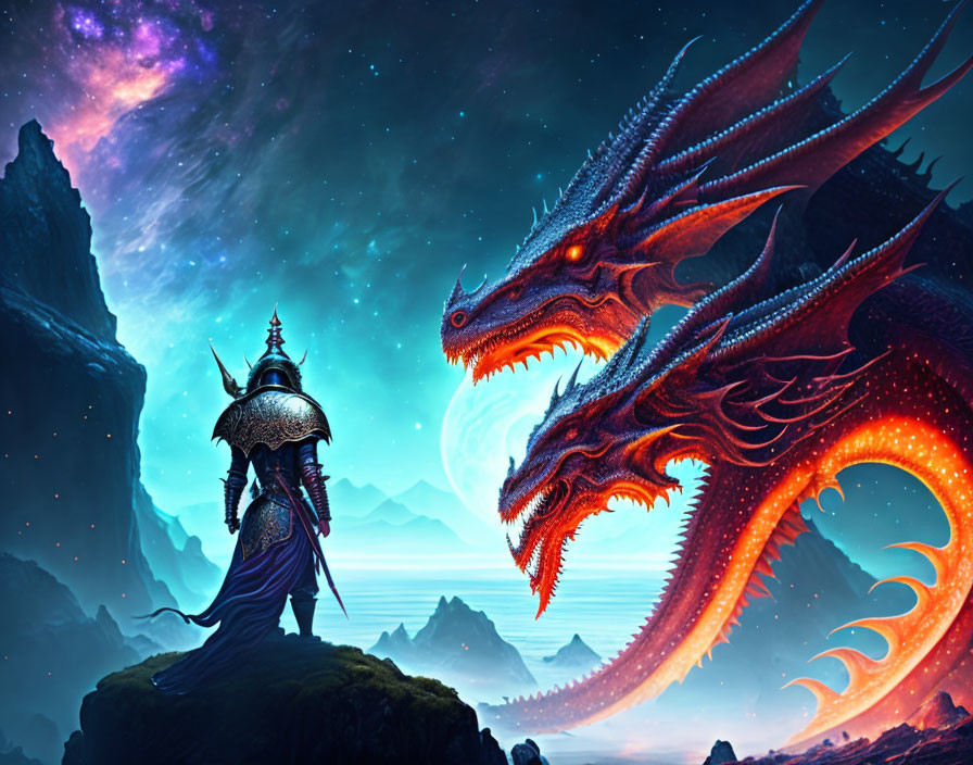 Knight in armor confronts red dragon under starry night sky