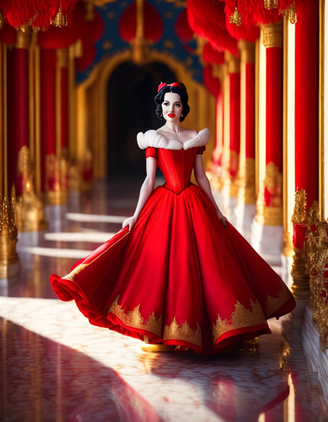 Woman in Snow White costume in opulent hall with red gold-accented pillars and elegant gown.